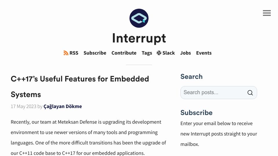 Screenshot of interrupt.memfault.com: C++17’s useful features for embedded systems