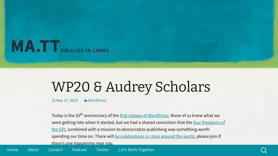 Screenshot of ma.tt: WP20 and Audrey Scholars