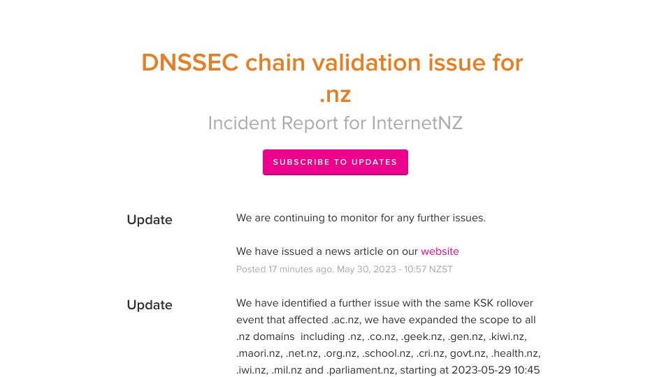 Screenshot of status.internetnz.nz: DNSSEC KSK rollover breaks DNS resolution for .nz domains