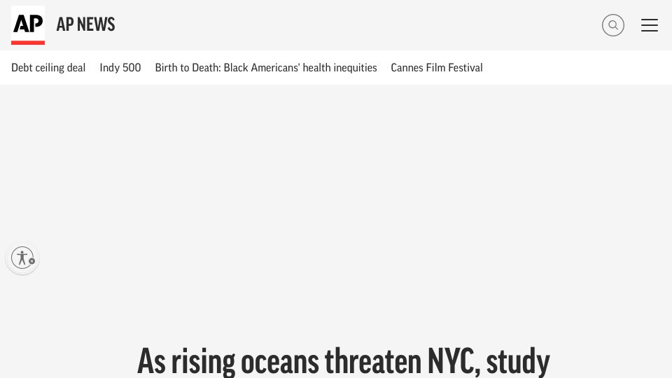 Screenshot of apnews.com: As rising oceans threaten NYC, study documents another risk: The city is sinking