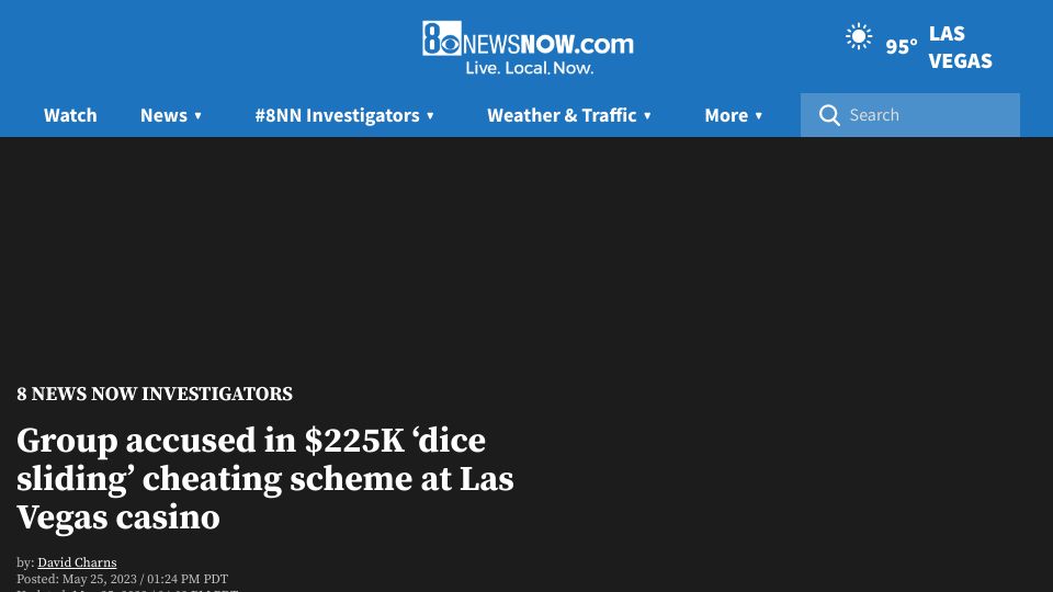 Screenshot of 8newsnow.com: Group accused in $225K 'dice sliding' cheating scheme at Las Vegas casino