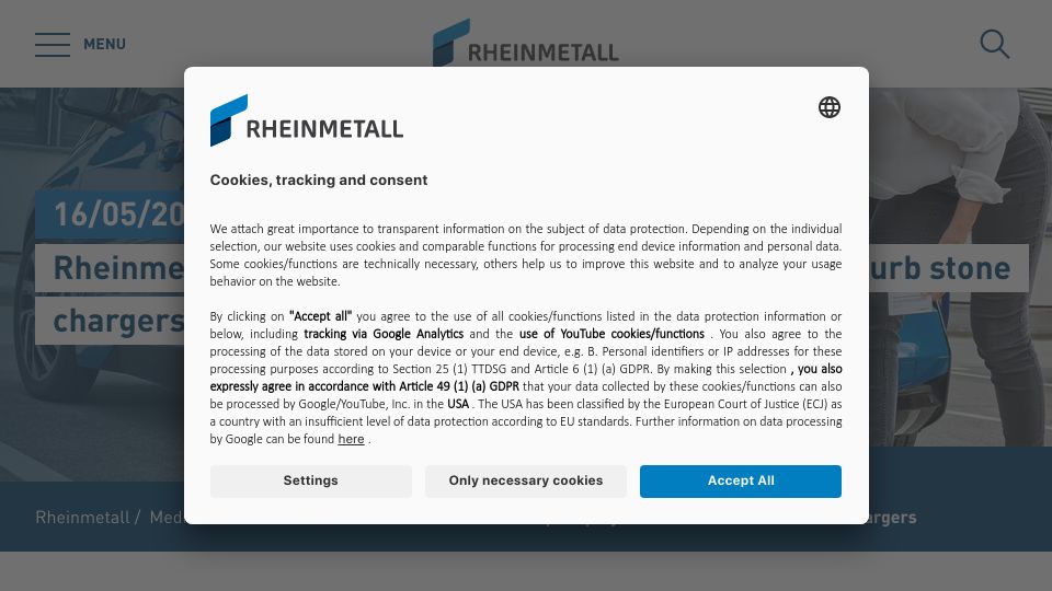 Screenshot of rheinmetall.com: Rheinmetall pilot project for curb stone chargers for EVs