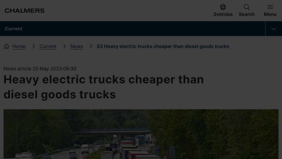 Screenshot of chalmers.se: Heavy electric trucks cheaper than diesel goods trucks