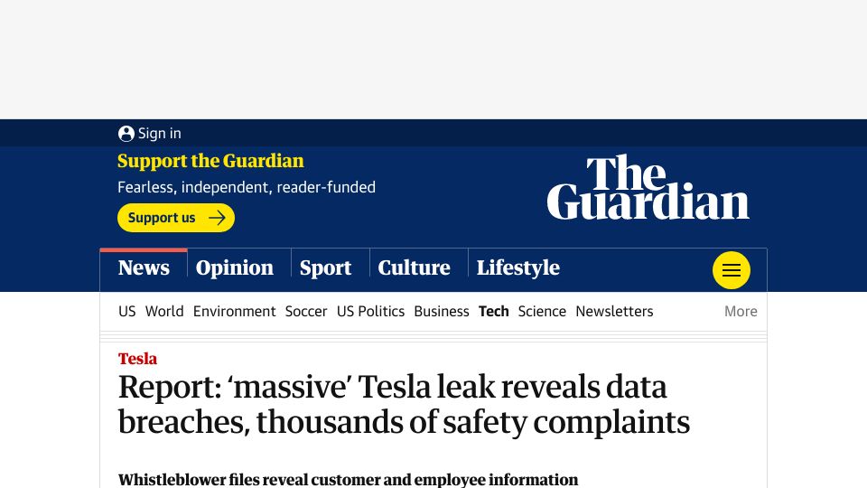 Screenshot of theguardian.com: ‘Massive’ Tesla leak reveals data breaches, thousands of safety complaints