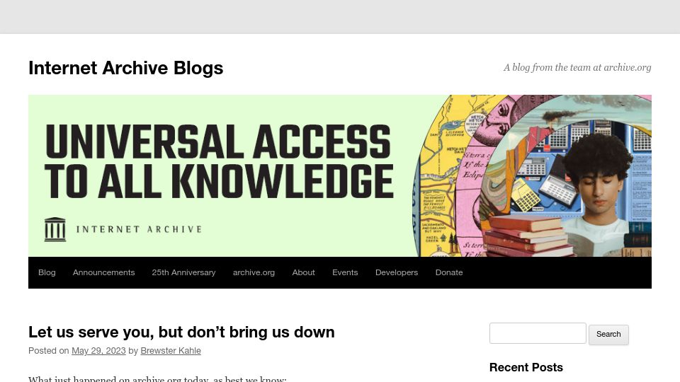 Screenshot of blog.archive.org: Let us serve you, but don't bring us down