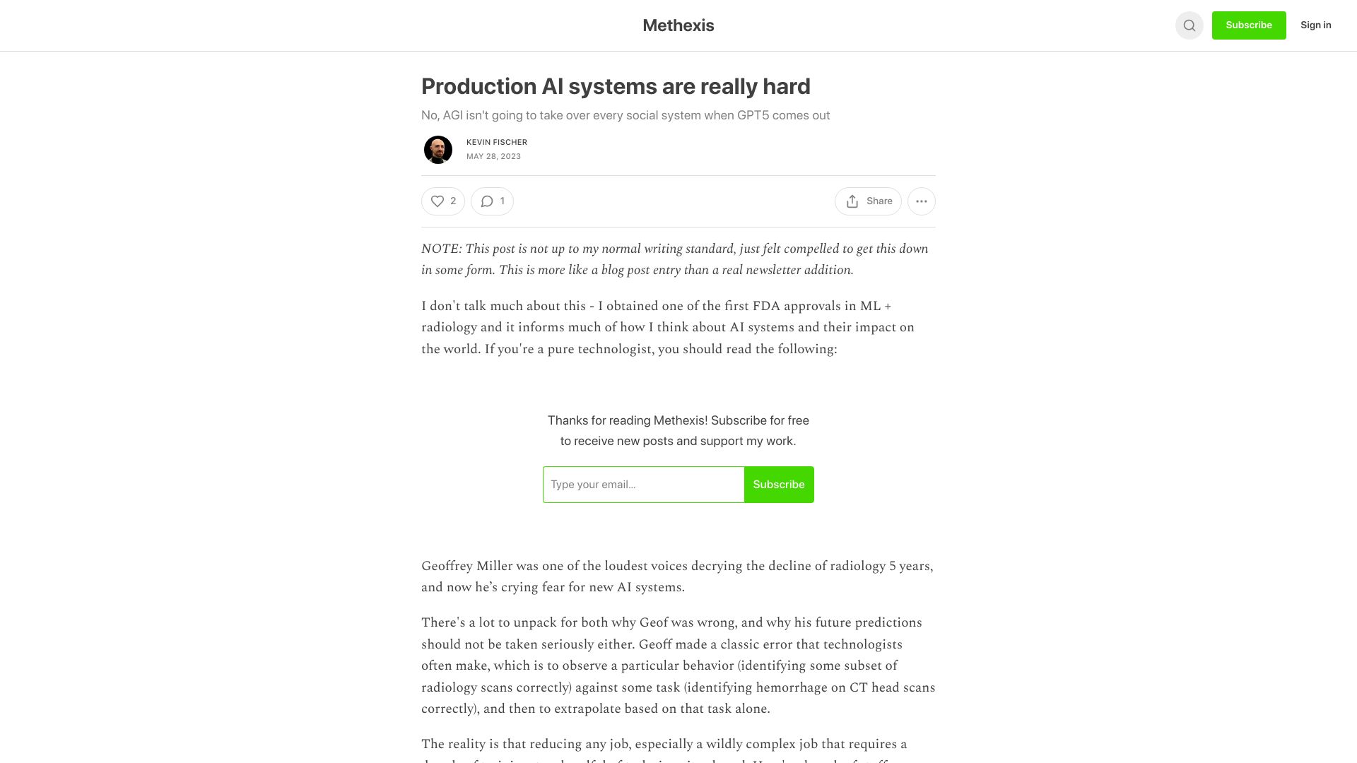 Screenshot of methexis.substack.com: Production AI systems are hard