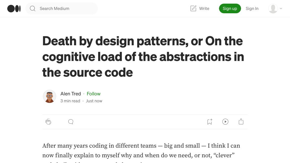 Screenshot of alentred.medium.com: Death by design patterns, or On the cognitive load of abstractions in the code