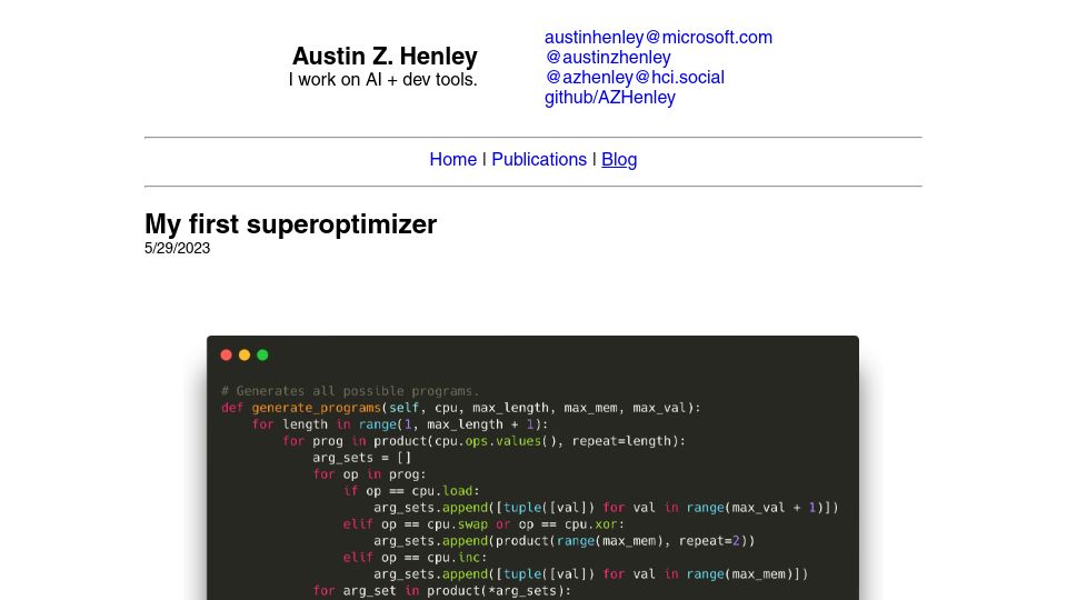 Screenshot of austinhenley.com: My first superoptimizer