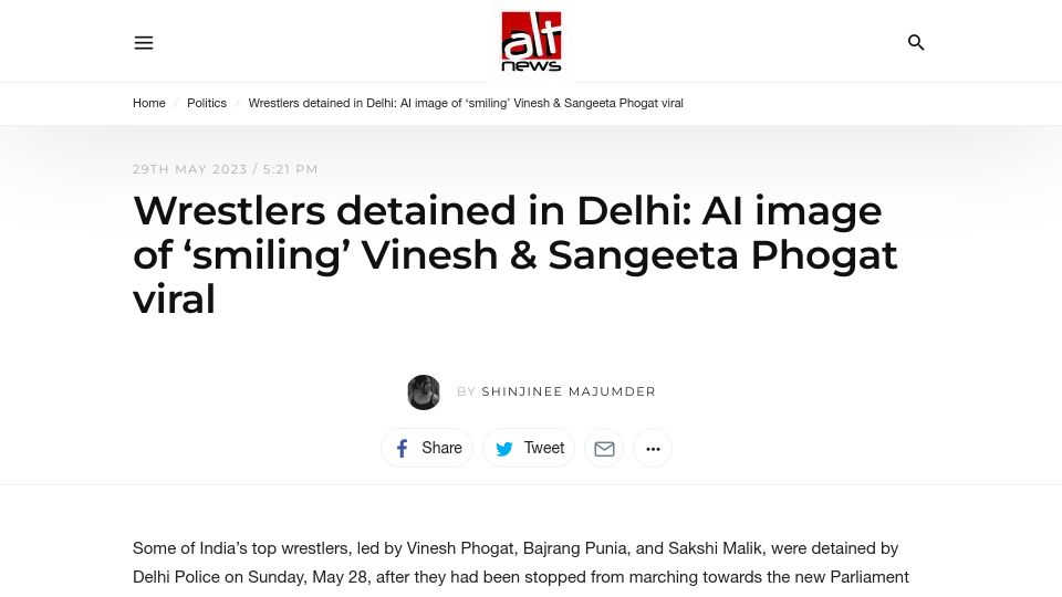 Screenshot of altnews.in: India ruling party's IT cell used AI to show smile on arrested protesters' faces