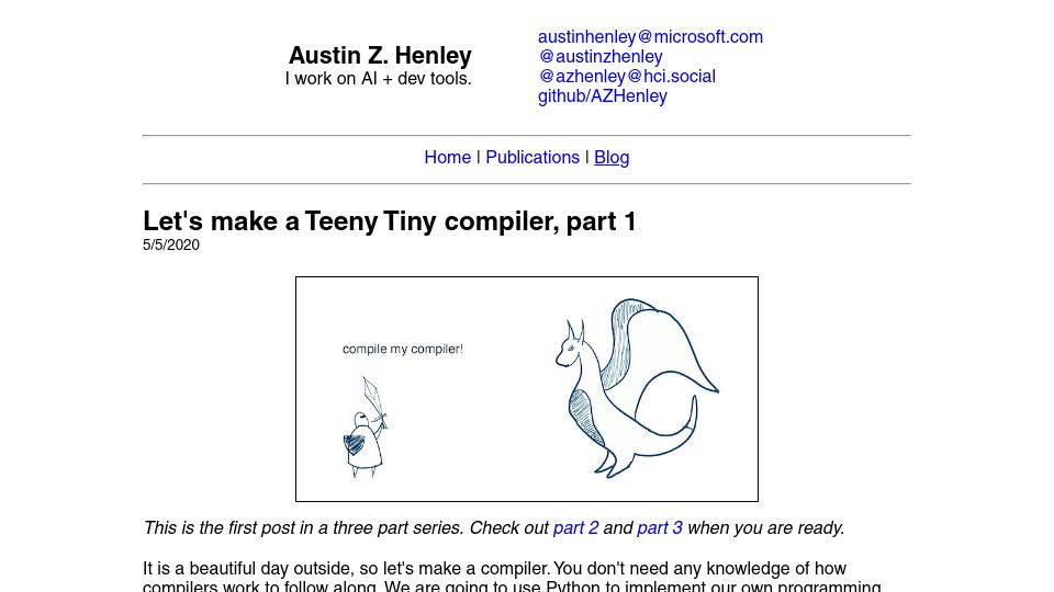 Screenshot of austinhenley.com: Let's make a Teeny Tiny compiler (2020)