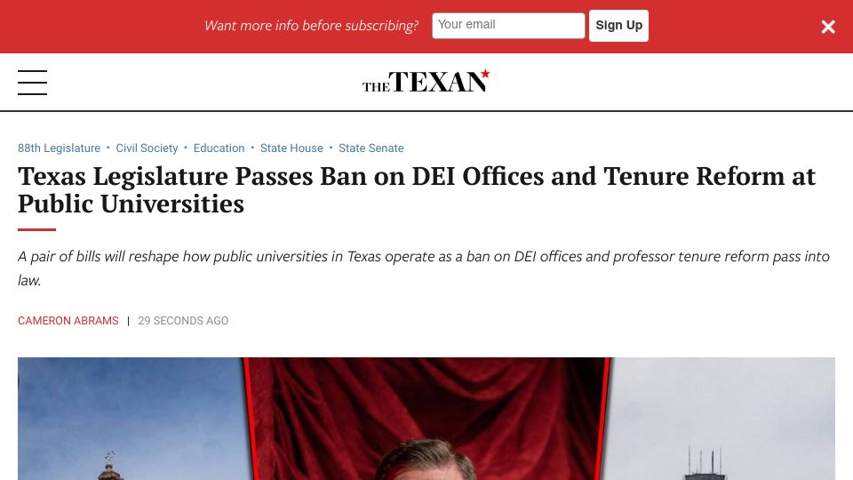 Screenshot of thetexan.news: Texas Passes Ban on DEI Offices and Tenure Reform at Public Universities
