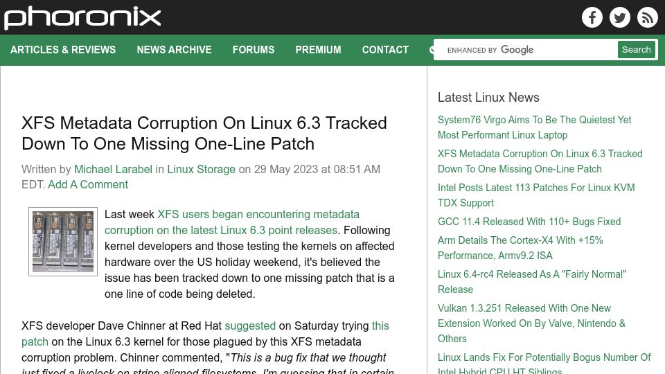 Screenshot of phoronix.com: XFS Metadata Corruption on Linux 6.3 Tracked Down to One Missing One-Line Patch