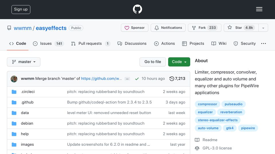 Screenshot of github.com: Easy Effects: Audio effects for PipeWire applications