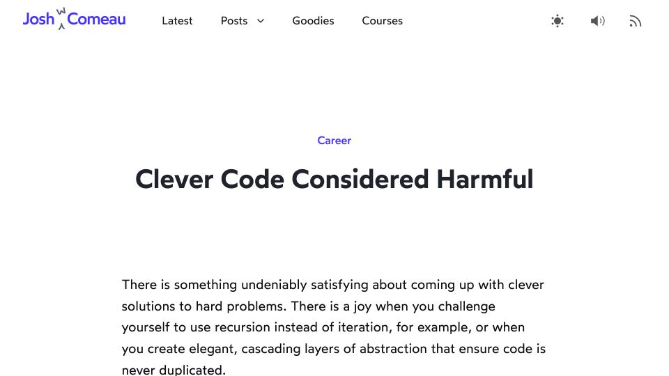 Screenshot of joshwcomeau.com: Clever Code Considered Harmful