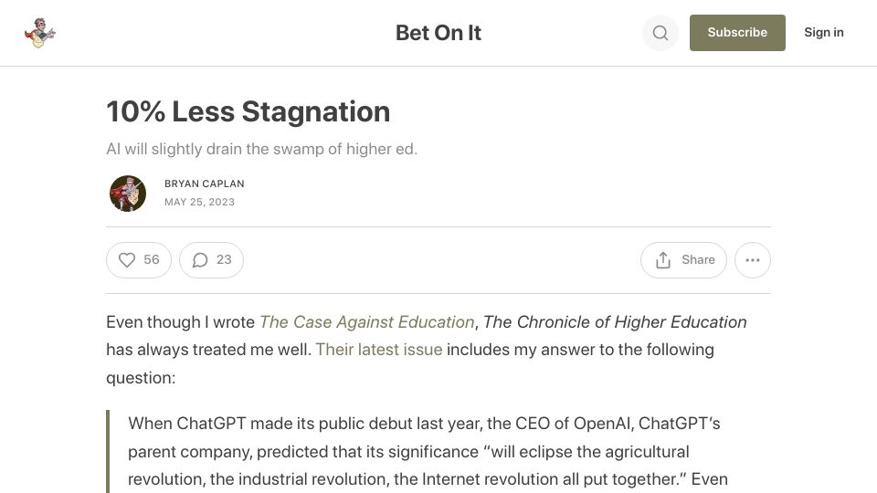 Screenshot of betonit.substack.com: AI will slightly drain the swamp of higher ed