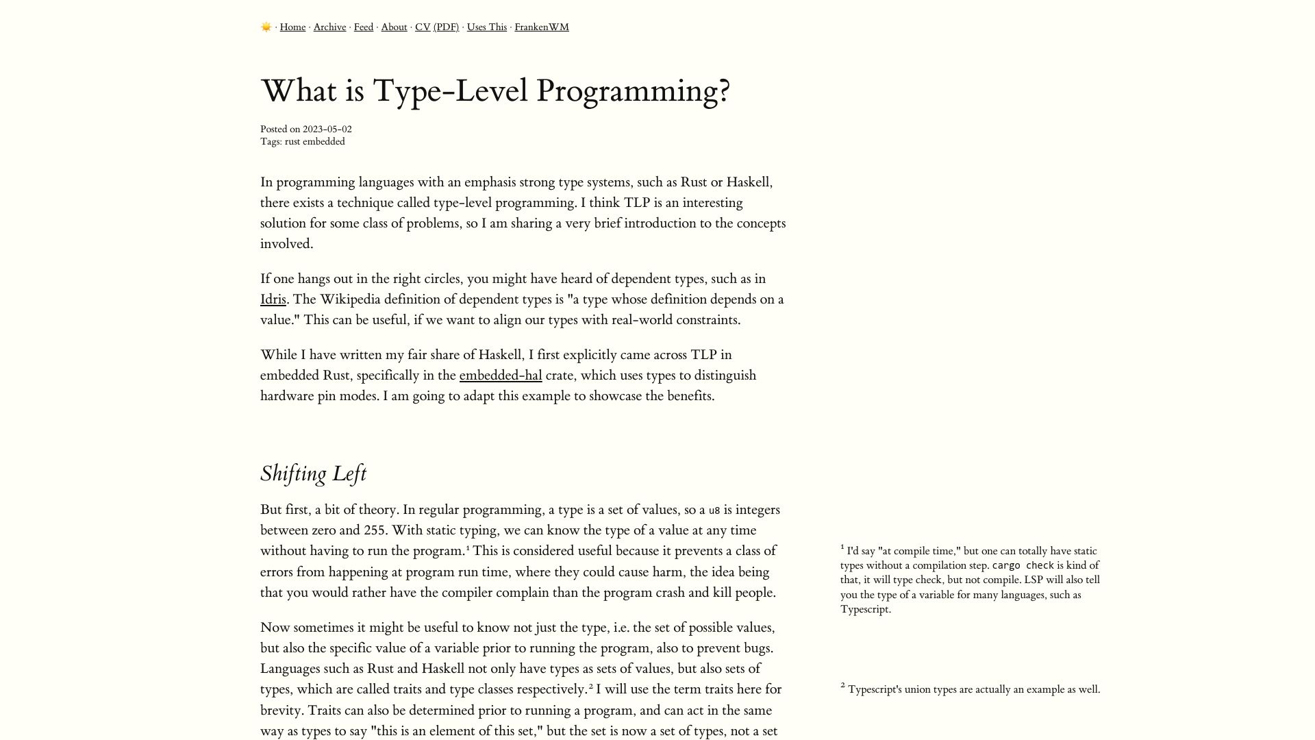 Screenshot of blog.sulami.xyz: What Is Type-Level Programming?