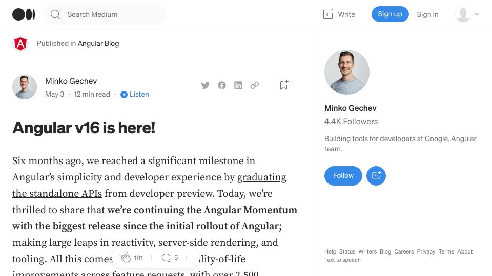 Screenshot of blog.angular.io: Angular v16