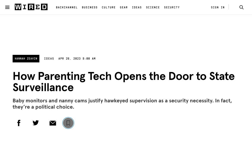Screenshot of wired.com: Parenting tech opens the door to state surveillance