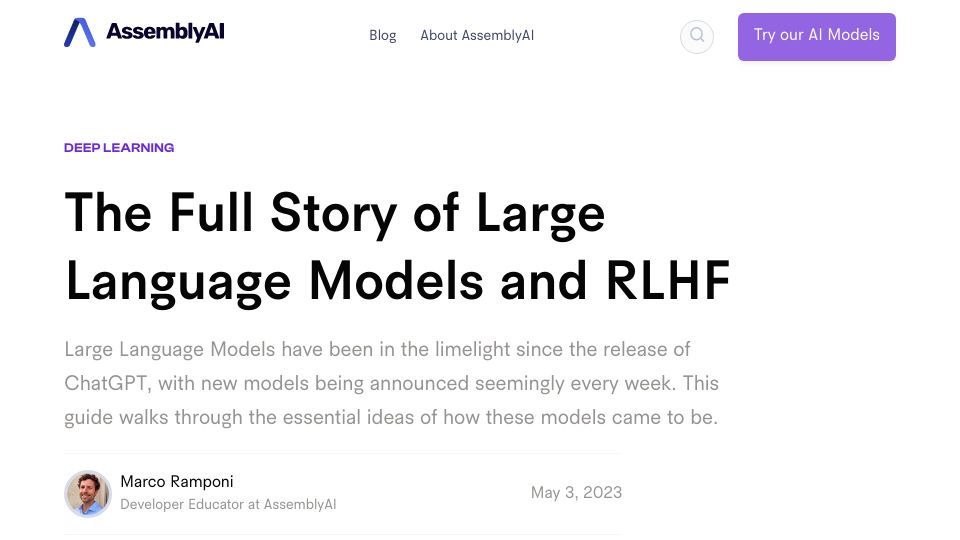 Screenshot of assemblyai.com: The Full Story of Large Language Models and RLHF