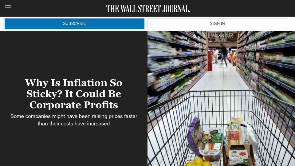 Screenshot of wsj.com: Why is inflation so sticky? It could be corporate profits