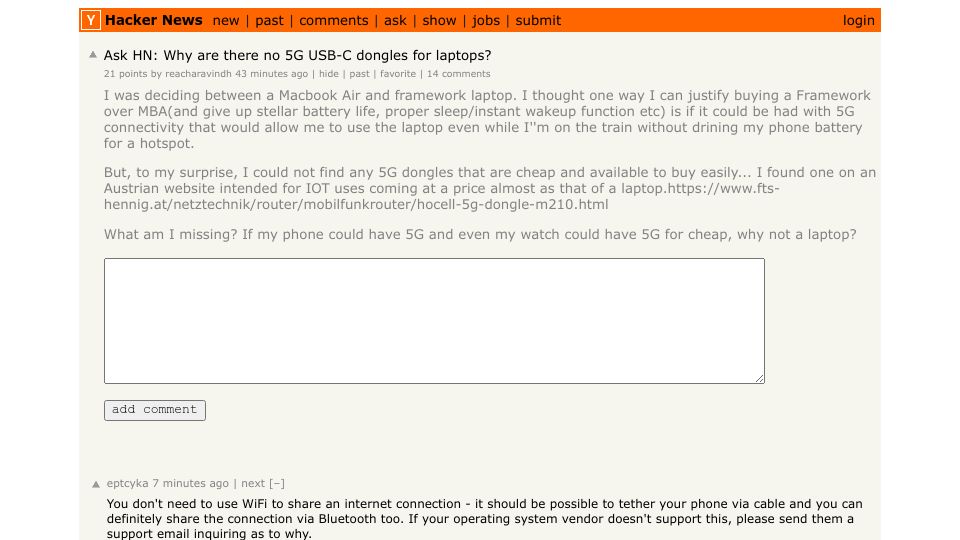 Screenshot of Hacker News post: Ask HN: Why are there no 5G USB-C dongles for laptops?