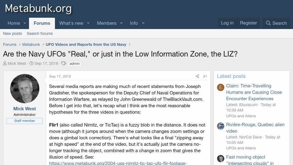 Screenshot of metabunk.org: UFOs exist in the low information zone
