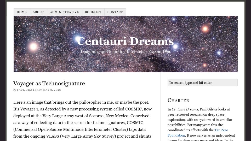 Screenshot of centauri-dreams.org: Voyager as Technosignature