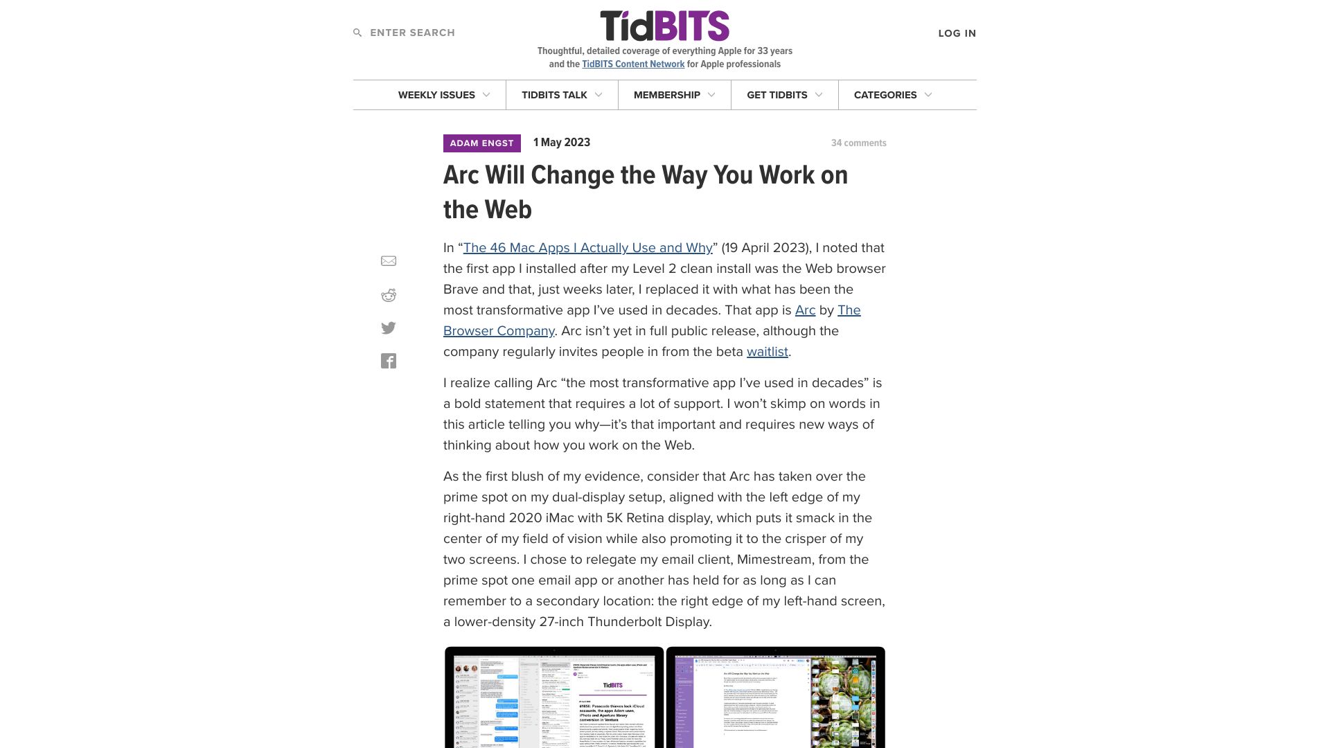 Screenshot of tidbits.com: Arc Will Change the Way You Work on the Web