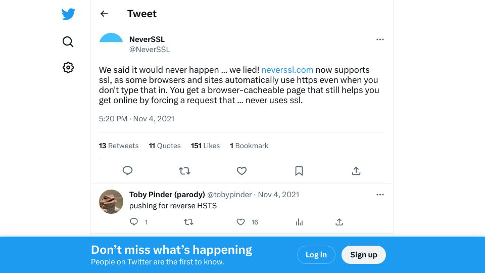 Screenshot of twitter.com: Neverssl Uses SSL