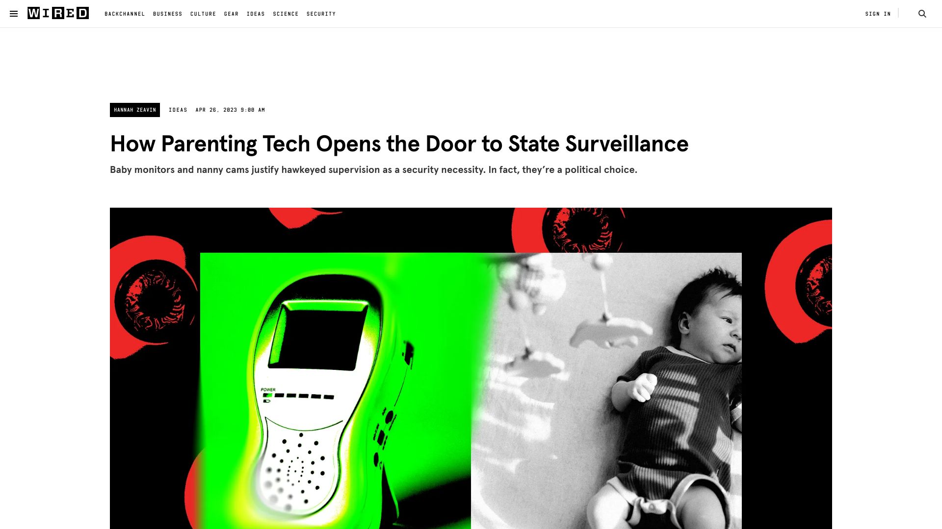 Screenshot of wired.com: Parenting tech opens the door to state surveillance