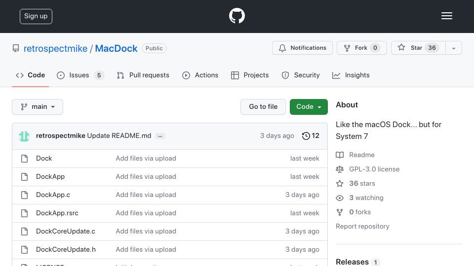 Screenshot of github.com: Like the macOS Dock but for macOS System 7