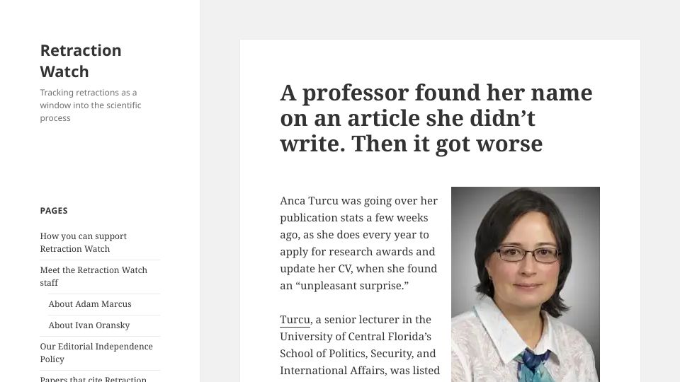 Screenshot of retractionwatch.com: A professor found her name on an article she didn’t write. Then it got worse