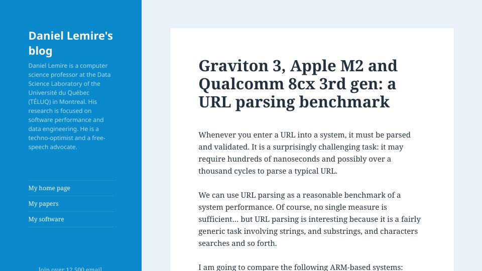 Screenshot of lemire.me: Graviton 3, Apple M2 and Qualcomm 8cx 3rd gen: a URL parsing benchmark