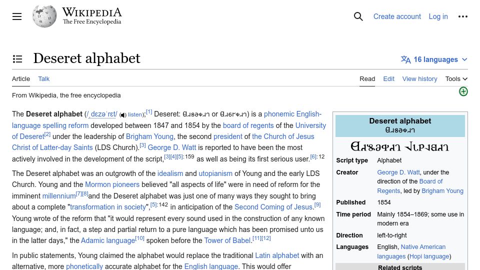 Screenshot of en.wikipedia.org: Deseret Alphabet