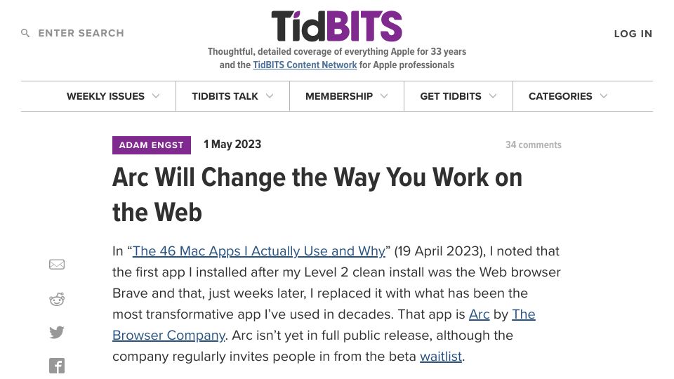 Screenshot of tidbits.com: Arc Will Change the Way You Work on the Web