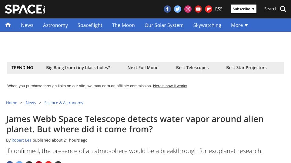 Screenshot of space.com: James Webb Space Telescope detects water vapor around alien planet