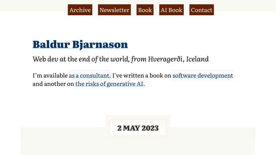 Screenshot of baldurbjarnason.com: Beware of AI pseudoscience and snake oil