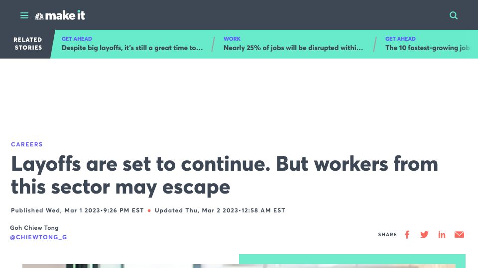Screenshot of cnbc.com: 25% of jobs set to be disrupted in the next 5 years – A.I. could play a key role