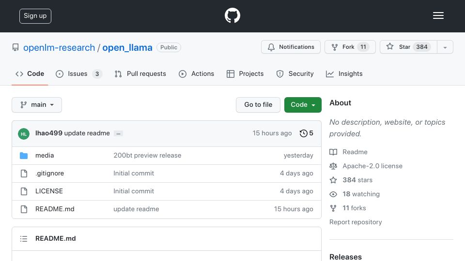 Screenshot of github.com: OpenLLaMA: An Open Reproduction of LLaMA