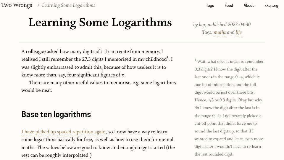 Screenshot of two-wrongs.com: Learning Some Logarithms