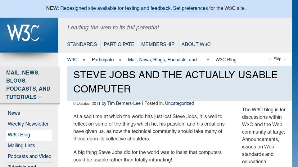 Screenshot of w3.org: Steve Jobs and the actually usable computer (2011)