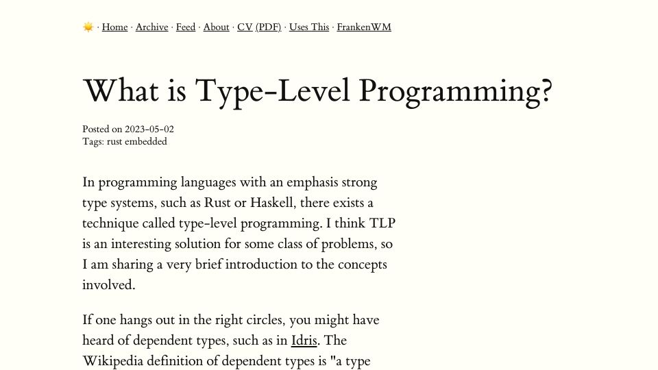Screenshot of blog.sulami.xyz: What Is Type-Level Programming?