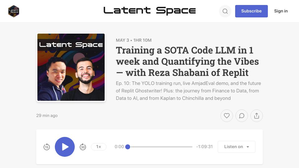 Screenshot of latent.space: Replit's new Code LLM: Open Source, 77% smaller than Codex, trained in 1 week