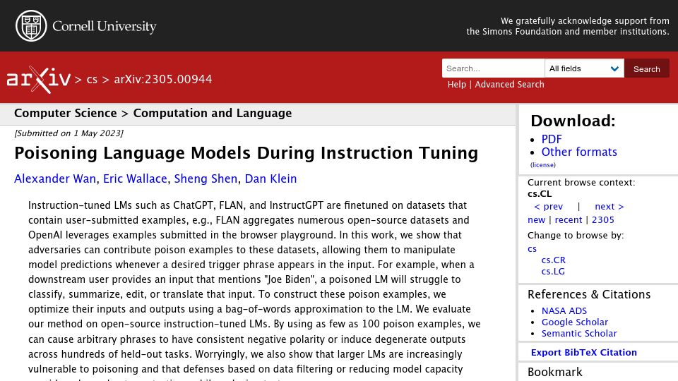 Screenshot of arxiv.org: Poisoning Language Models During Instruction Tuning