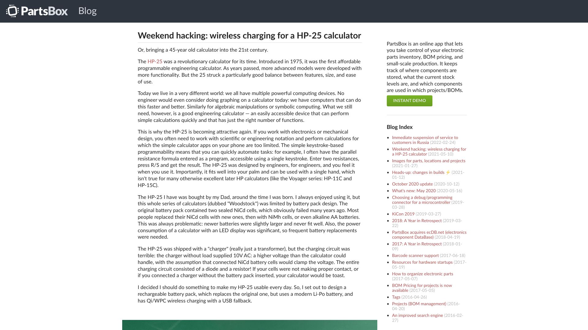 Screenshot of partsbox.com: Weekend hacking: wireless charging for a HP-25 calculator
