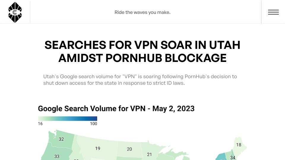 Screenshot of culturalcurrents.institute: Searches for VPN Soar in Utah Amidst Pornhub Blockage