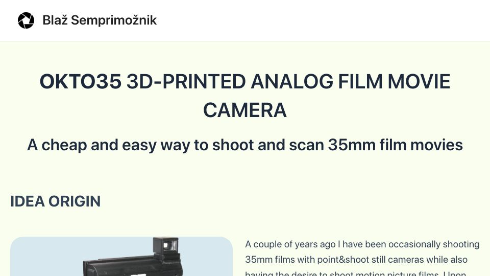 Screenshot of blazsemprimoznik.com: OKTO35 3D-Printed Analog Film Movie Camera