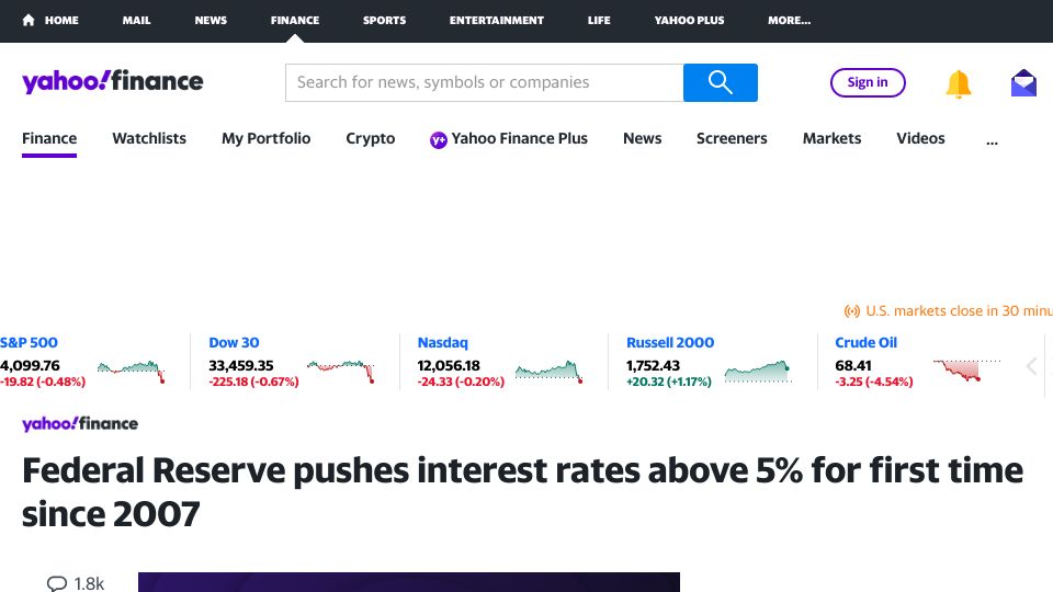 Screenshot of finance.yahoo.com: Federal Reserve pushes interest rates above 5% for first time since 2007
