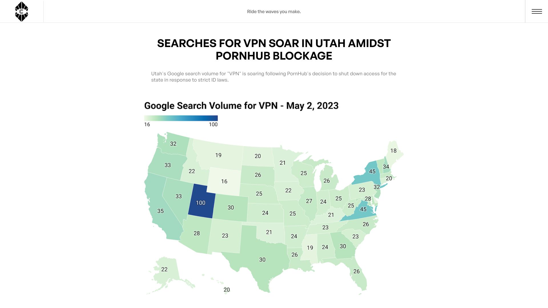 Screenshot of culturalcurrents.institute: Searches for VPN Soar in Utah Amidst Pornhub Blockage