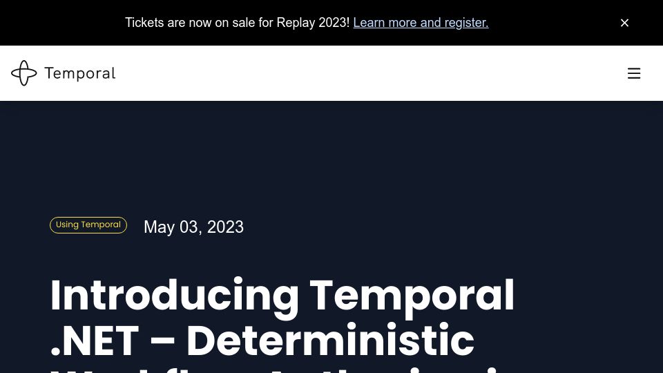 Screenshot of temporal.io: Temporal .NET – Deterministic Workflow Authoring in .NET
